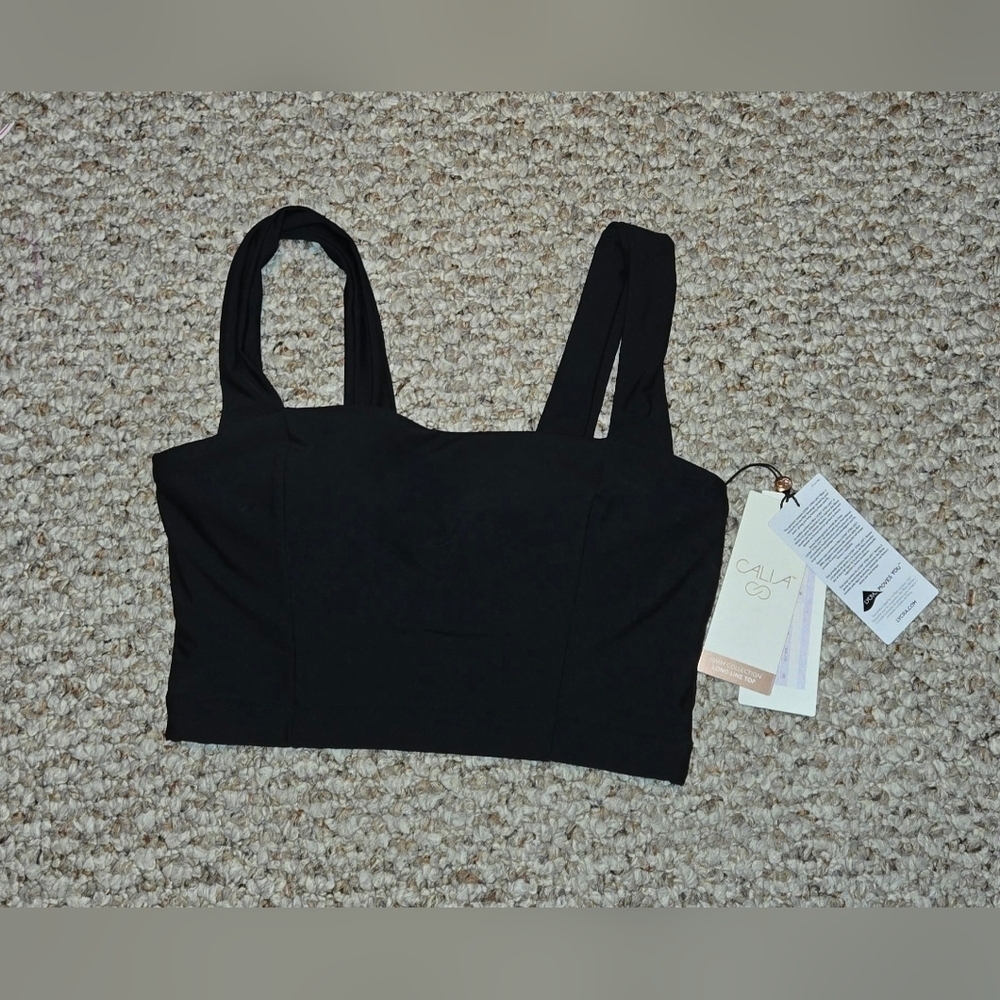 NWT CALIA Wide Shoulder Strap Long Line Swim Top Pure Black WSA23206 Women's